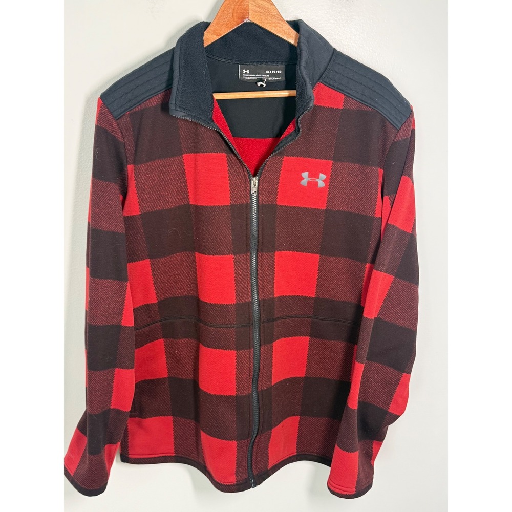 Under Armour Mens ColdGear Buffalo Plaid Fleece Full Zip Jacket Red Black XL